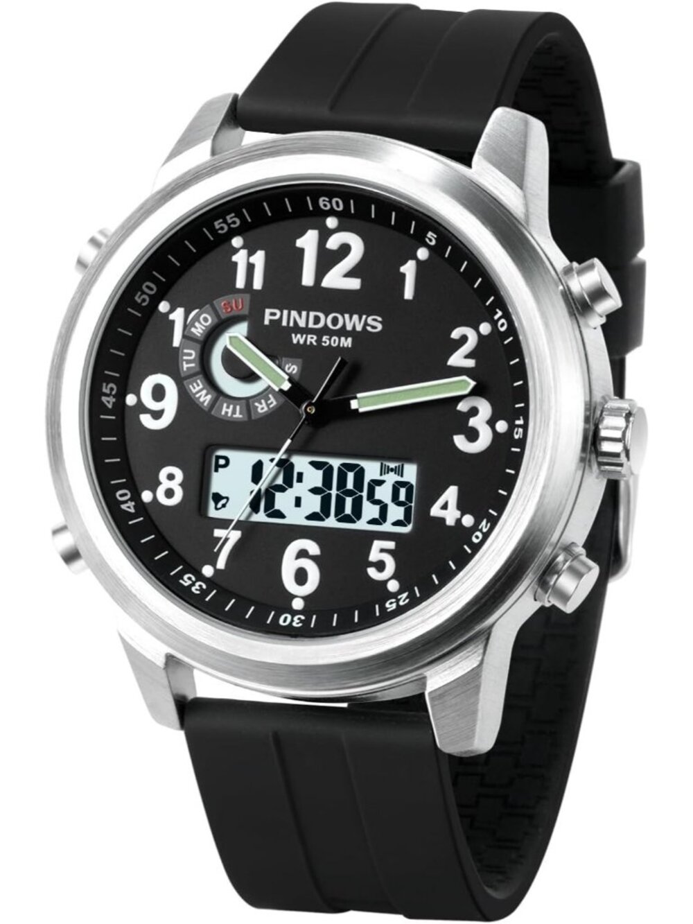 Men's Black Silver Analog Waterproof Military Multifunctional LED Digital Watch
